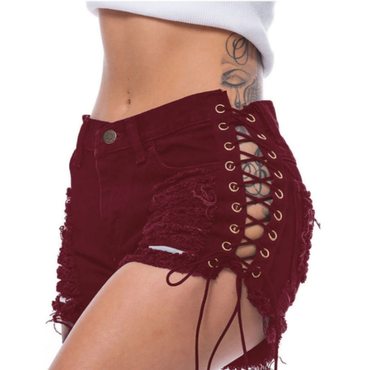 Side Lace Up Distressed Fringe Denim Shorts