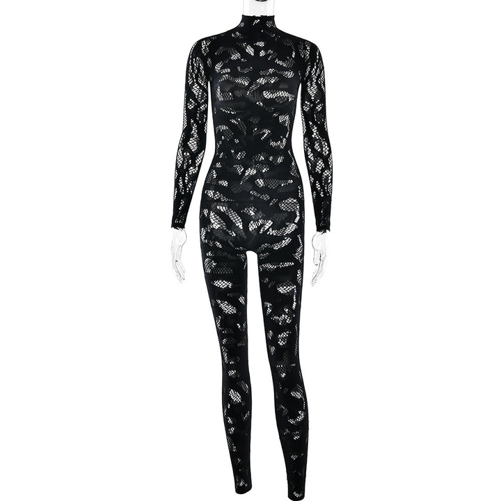 Mesh Sheer Long Sleeve High Neck Jumpsuit
