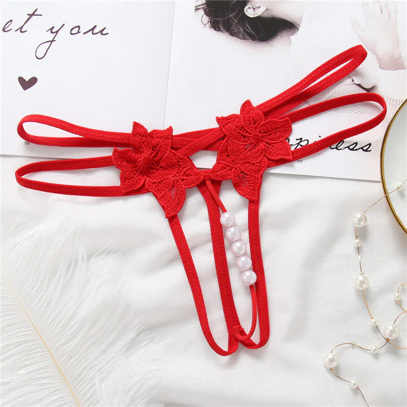 Sexy Pearl Beaded Sheer Floral Thong Panty
