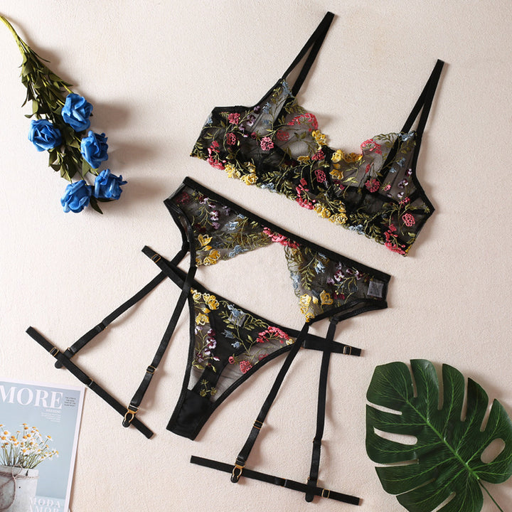 Floral Embroidered Sheer Lingerie Set