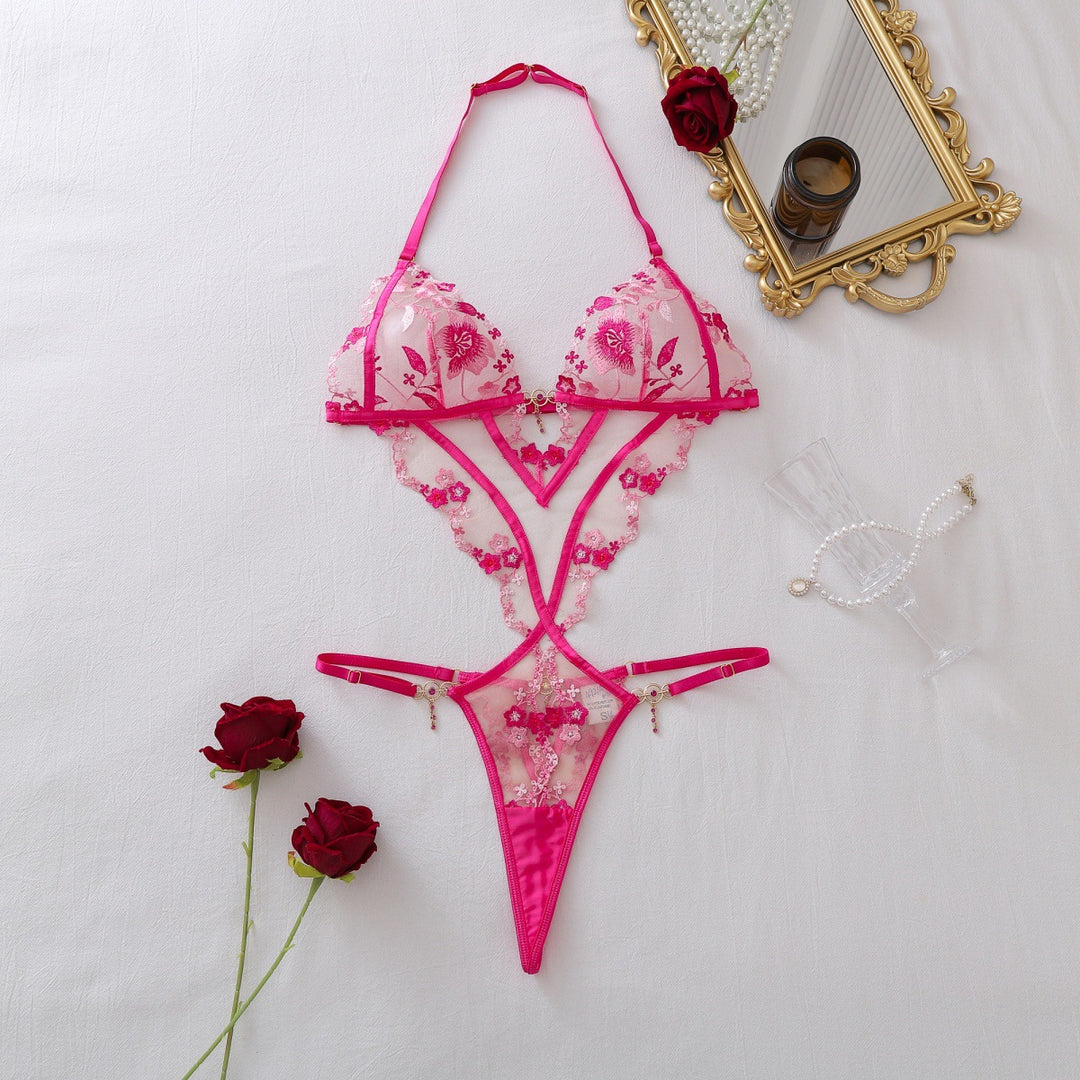 Heavy Craft Floral Embroidery Cut-Out Halter Bodysuit