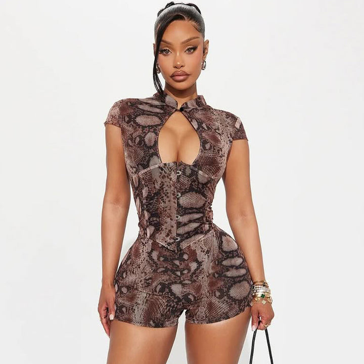 Snake Print High Neck Mesh Romper