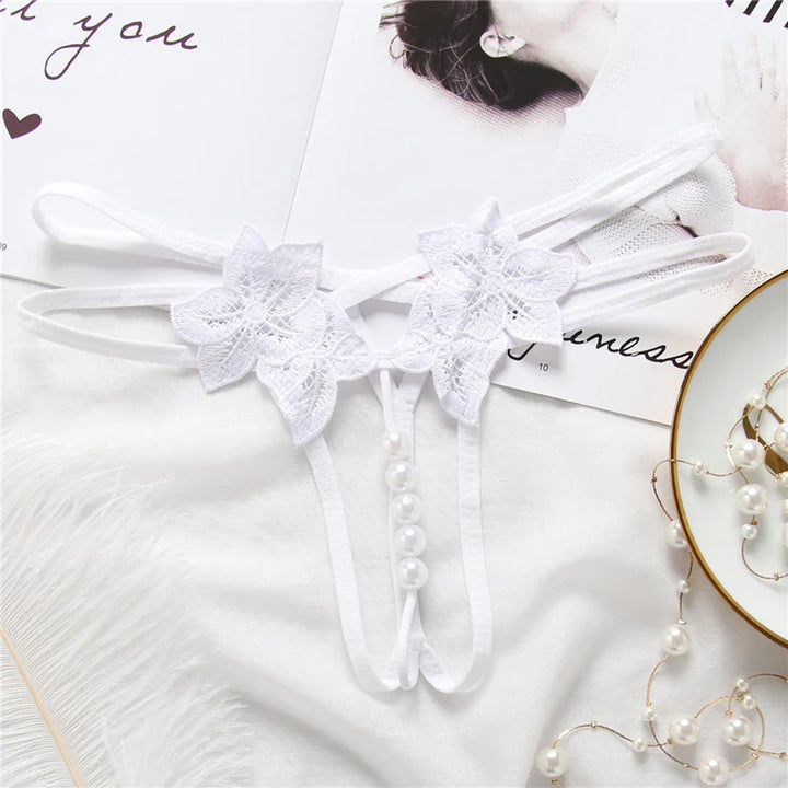 Sexy Pearl Beaded Sheer Floral Thong Panty