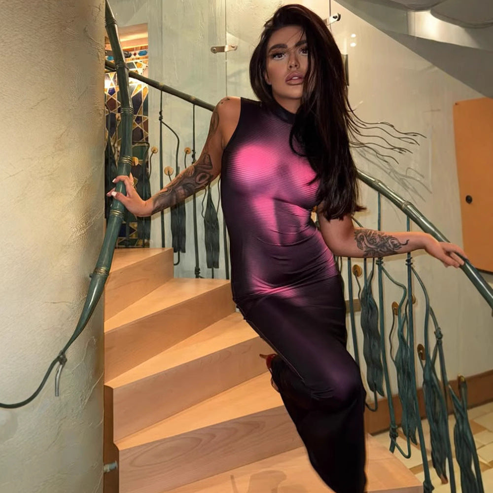 Sleeveless High Neck Body Print Maxi Dress