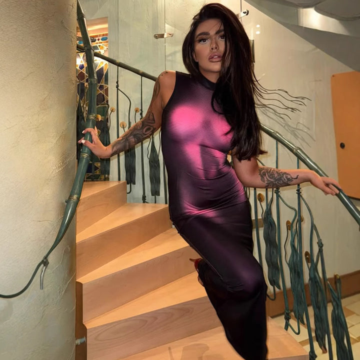 Sleeveless High Neck Body Print Maxi Dress