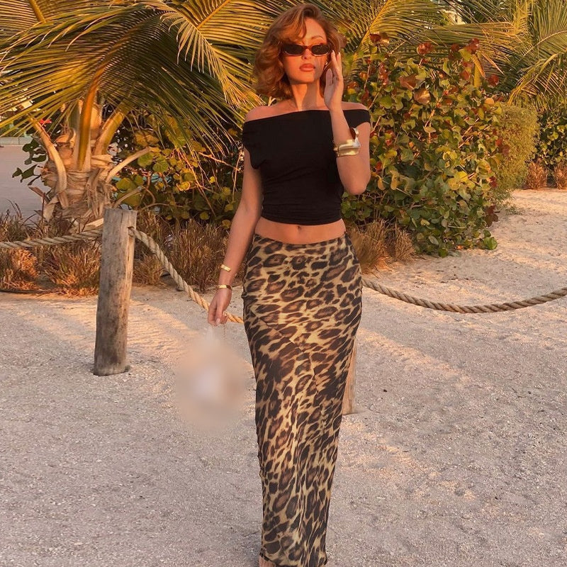 Leopard Print Mesh Mermaid Maxi Skirt