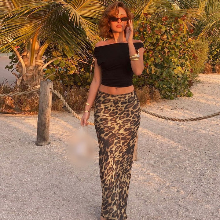 Leopard Print Mesh Mermaid Maxi Skirt