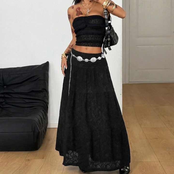 Boho Tiered Lace High Slit Maxi Skirt