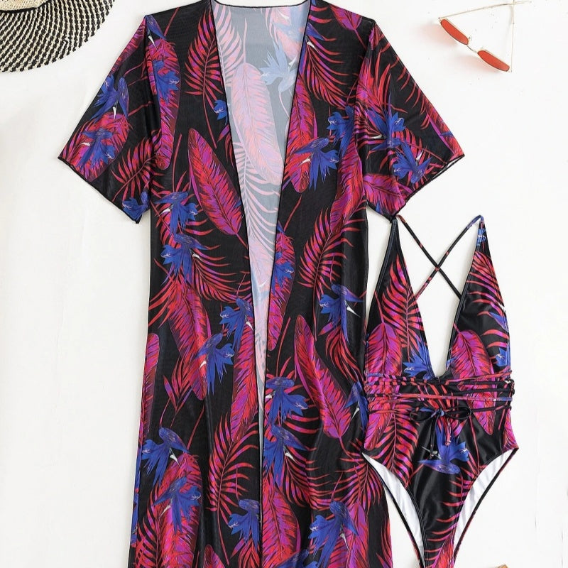 Tropical Seduction Robe Plunge Swimsuit Set
