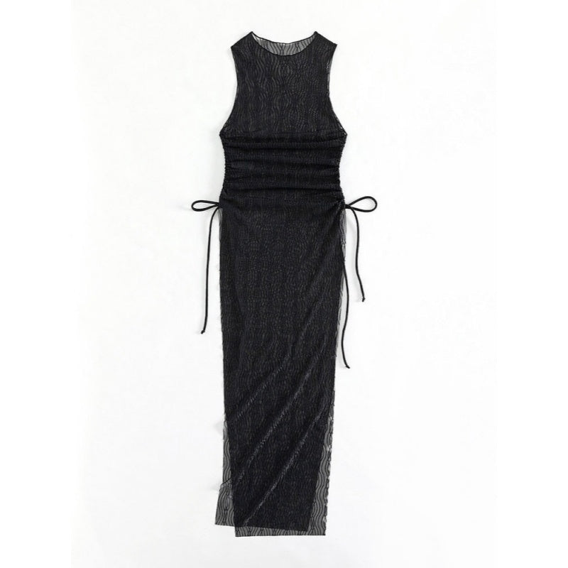 Wave Mesh Halter Side Slit Beach Cover Up Maxi Dress