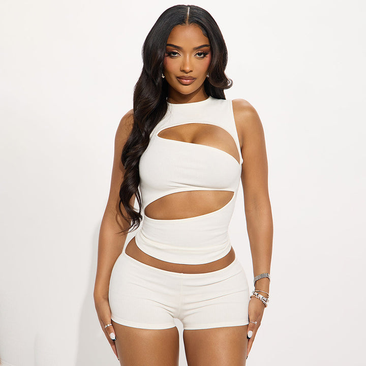 Hollow Out Sleeveless Tank Top Short Pants Set