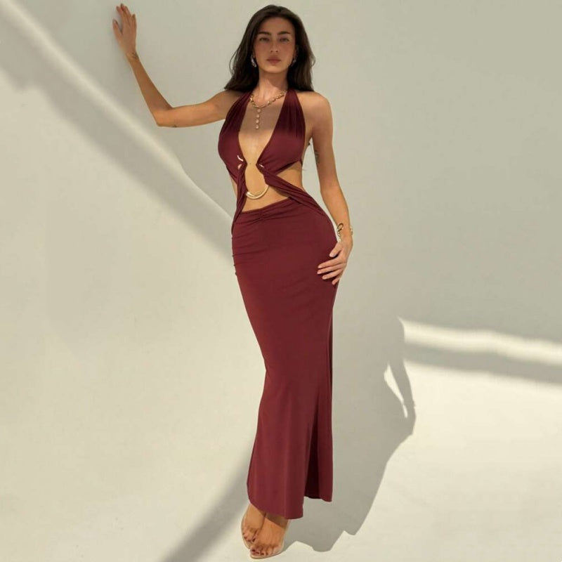 Metal Ring Cut‑Out Halter Tie‑Back Dress