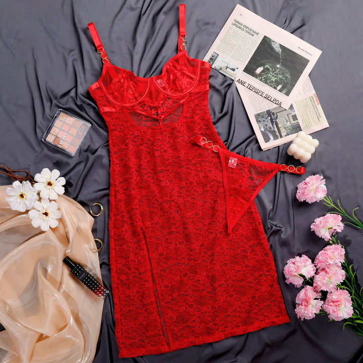 Metal Ring Sheer Lace Midi Slip Chemise