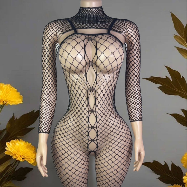 Turtleneck Long Sleeve Hollow Out Fishnet Bodystocking