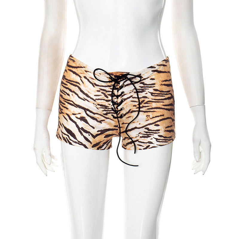 Tiger‑Print Lace‑Up Low‑Rise Mini Shorts