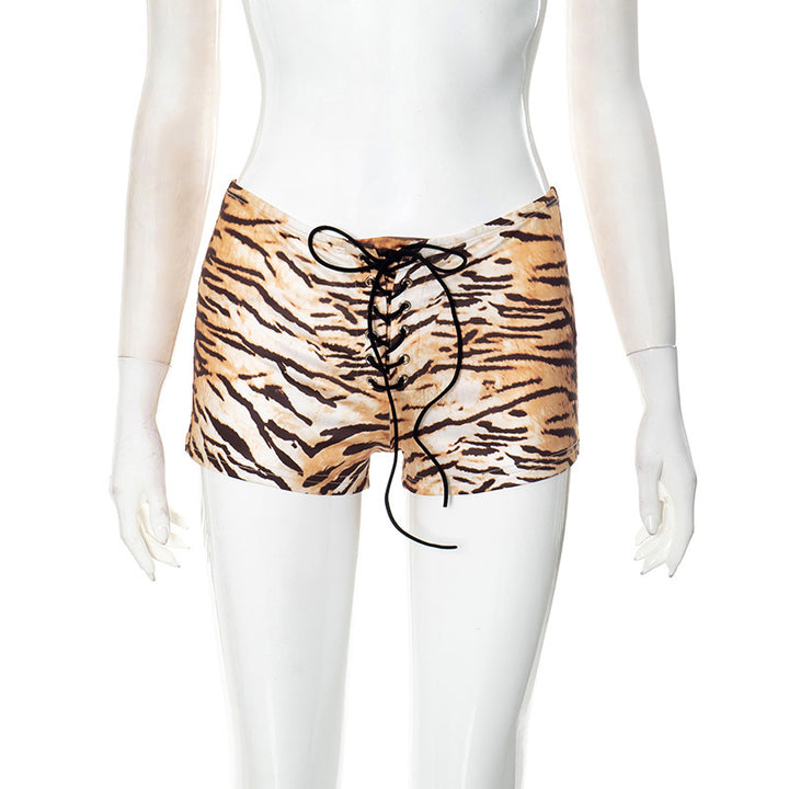 Tiger‑Print Lace‑Up Low‑Rise Mini Shorts