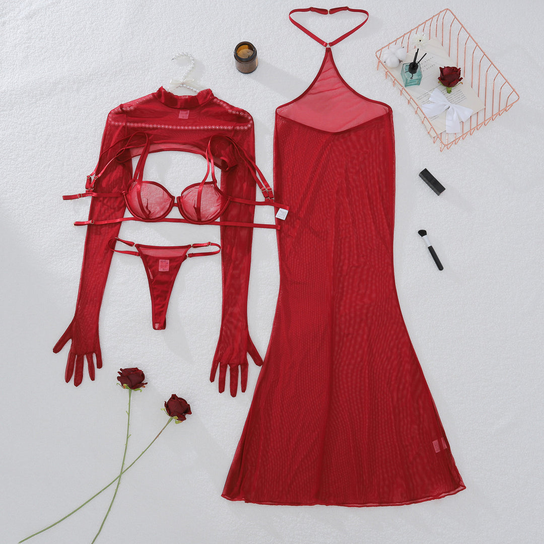 Red Mesh Halter Maxi Dress Lingerie Set