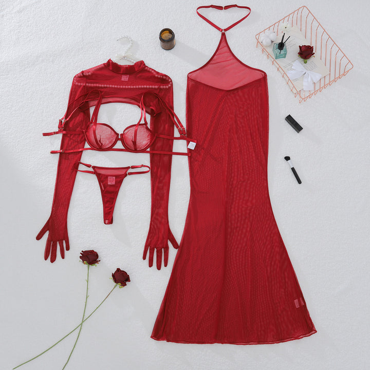 Red Mesh Halter Maxi Dress Lingerie Set