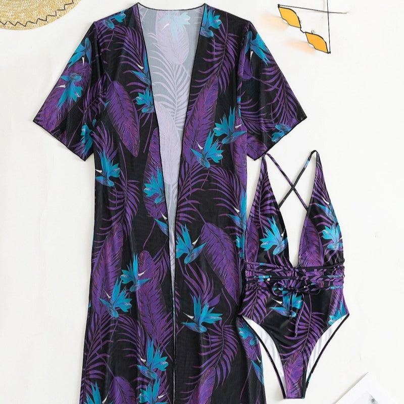 Tropical Seduction Robe Plunge Swimsuit Set