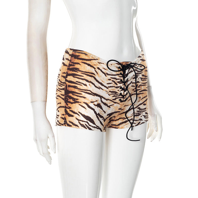 Tiger‑Print Lace‑Up Low‑Rise Mini Shorts