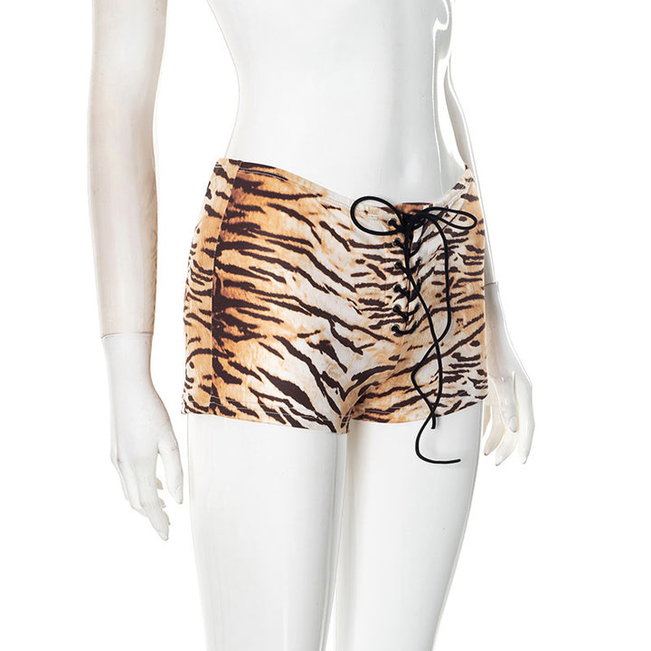 Tiger‑Print Lace‑Up Low‑Rise Mini Shorts