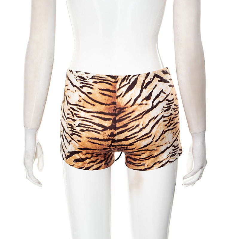 Tiger‑Print Lace‑Up Low‑Rise Mini Shorts