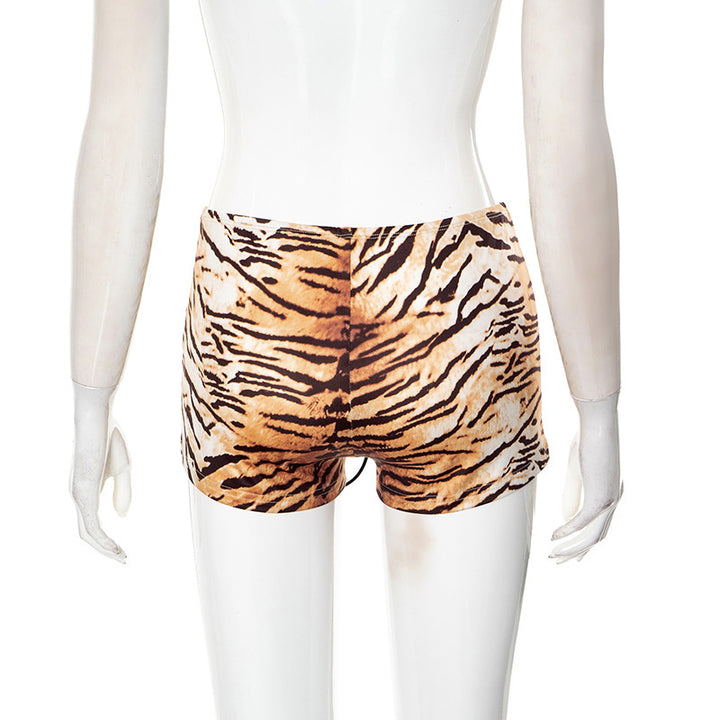 Tiger‑Print Lace‑Up Low‑Rise Mini Shorts