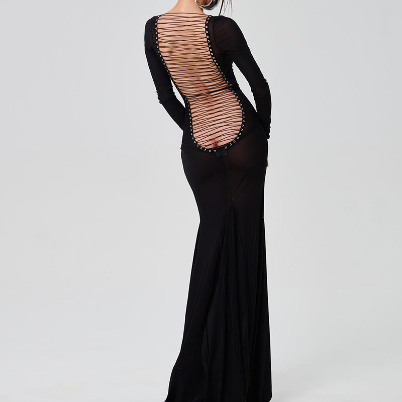 Daring Open Back Criss‑Lace Sheer Maxi Dress