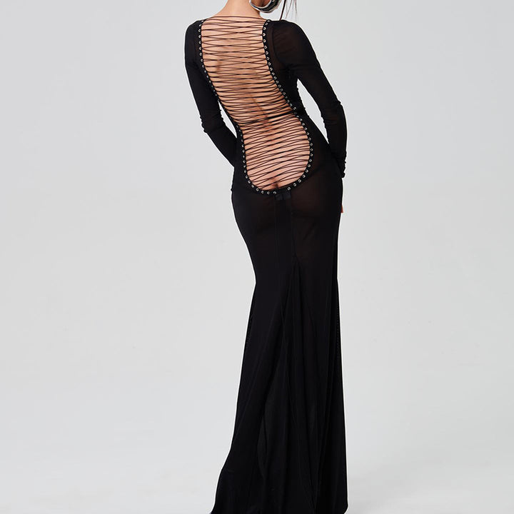 Daring Open Back Criss‑Lace Sheer Maxi Dress
