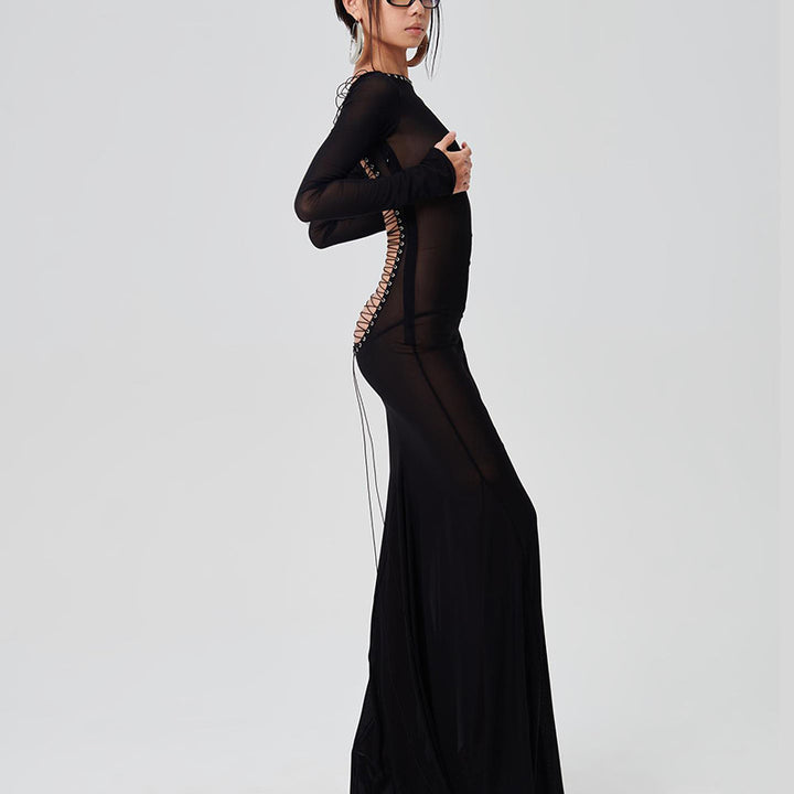 Daring Open Back Criss‑Lace Sheer Maxi Dress
