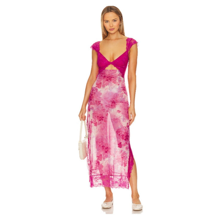 Vintage Floral Lace Cut‑Out Side‑Slit Dress