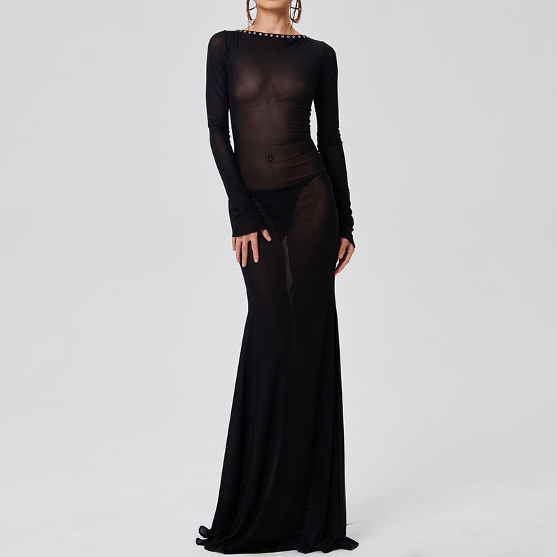 Daring Open Back Criss‑Lace Sheer Maxi Dress