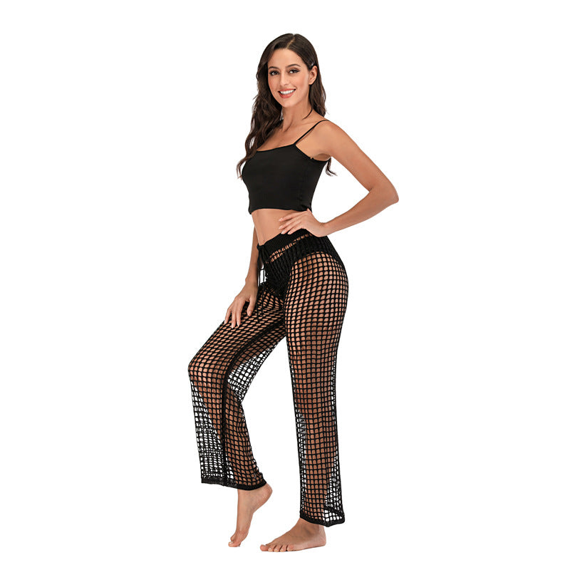 Fishnet Crochet Drawstring Flare Cover Up Pants