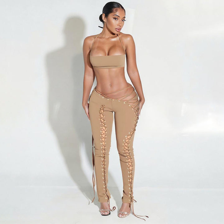 Halter Crop Top & Hollow Out Flared Pants Set