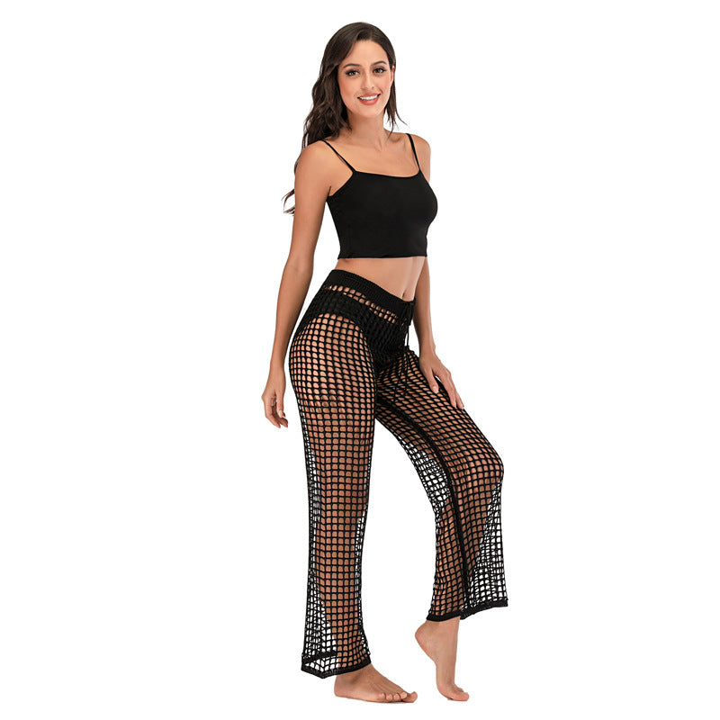 Fishnet Crochet Drawstring Flare Cover Up Pants