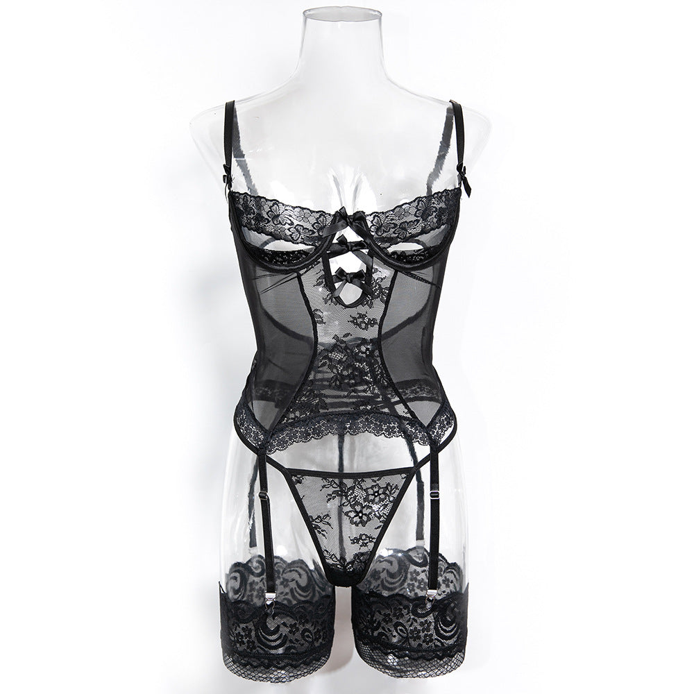 See-Through Floral Lace Garter Belt Underwear Set
