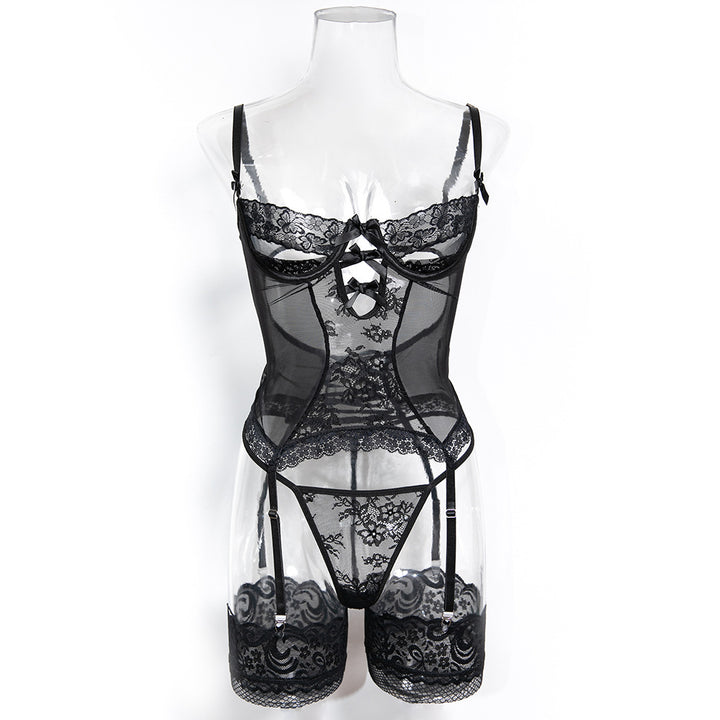 See-Through Floral Lace Garter Belt Underwear Set