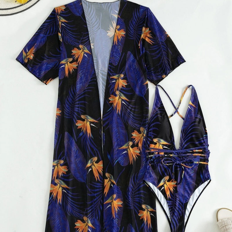 Tropical Seduction Robe Plunge Swimsuit Set