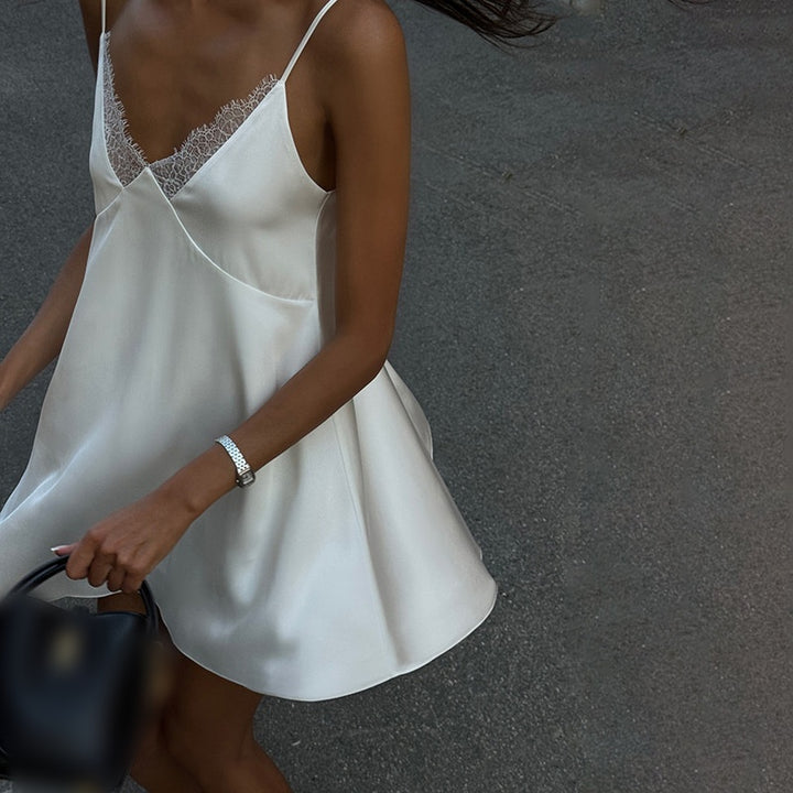 Gloss Satin Lace V-neck Slip Dress