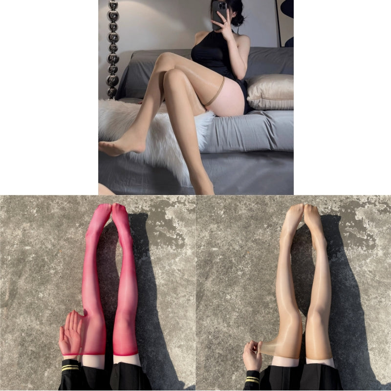 Glossy Oil-Finish Thigh-High Stockings