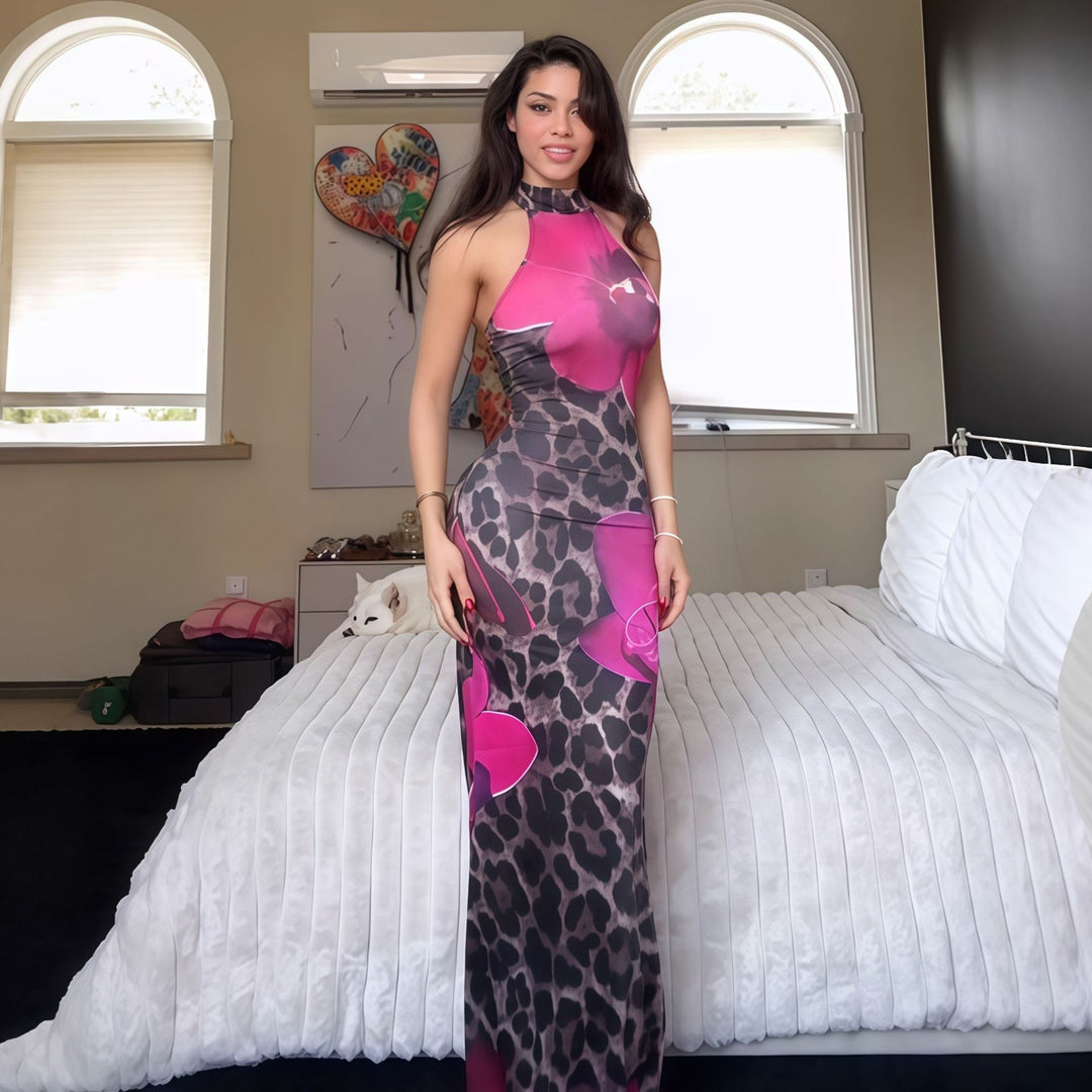 Halter Neck Leopard Floral Print Bodycon Maxi Dress