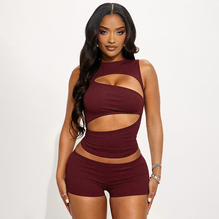 Hollow Out Sleeveless Tank Top Short Pants Set
