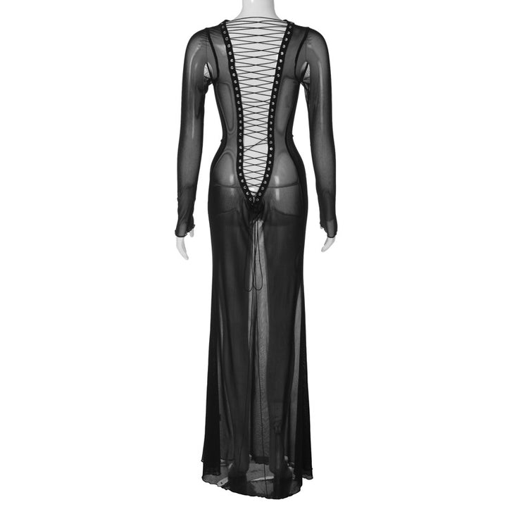 Daring Open Back Criss‑Lace Sheer Maxi Dress