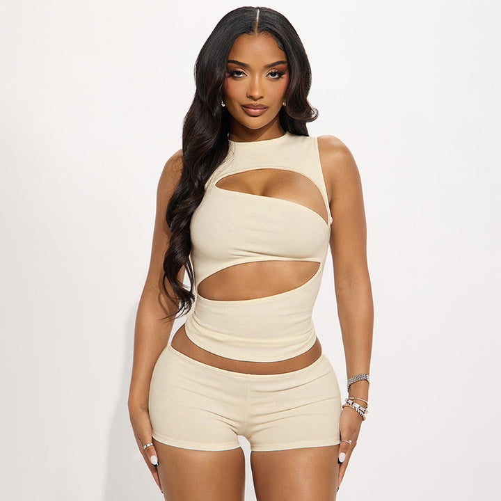 Hollow Out Sleeveless Tank Top Short Pants Set