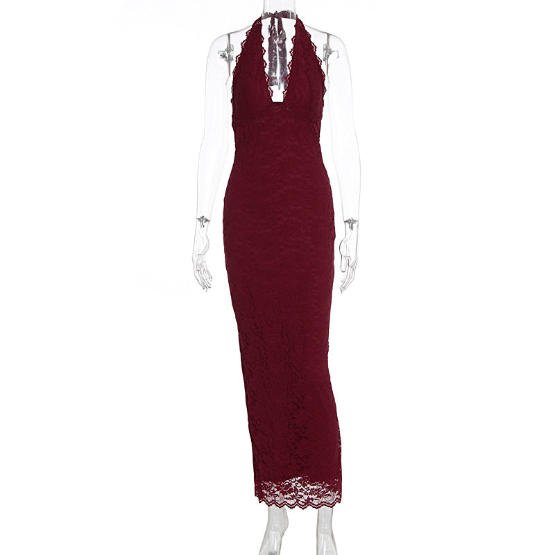 Halter V-Neck Floral Lace Dress