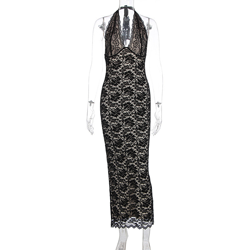 Halter V-Neck Floral Lace Dress