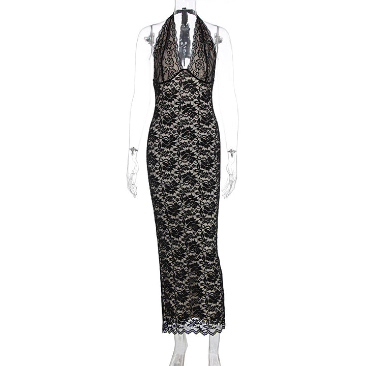 Halter V-Neck Floral Lace Dress