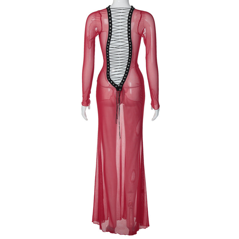 Daring Open Back Criss‑Lace Sheer Maxi Dress