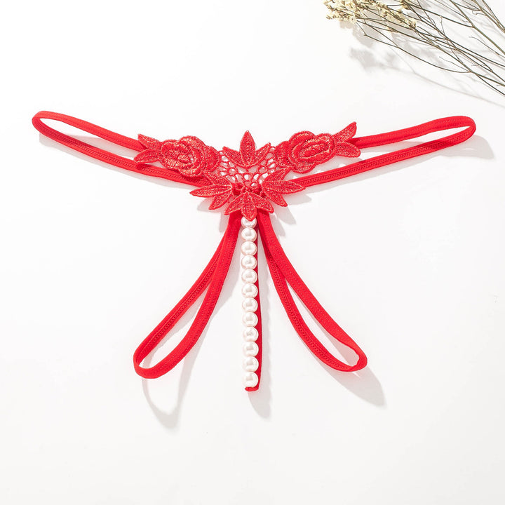 Floral Lace Pearl Open Crotch G-String
