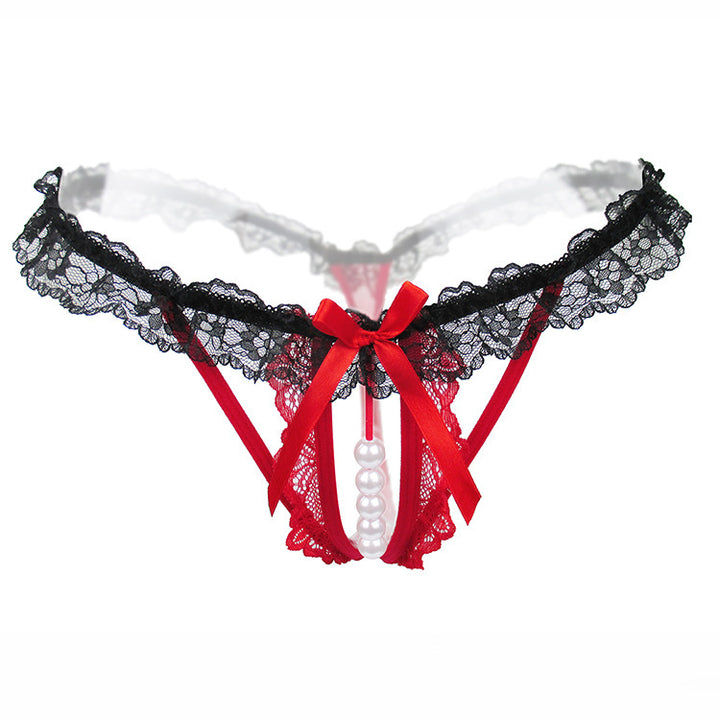 Pearl Beaded Lace Open Crotch Thong